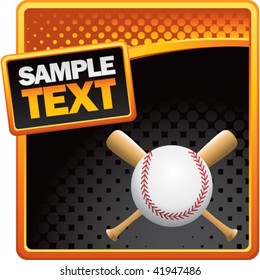 baseball and crossed bats on orange and black halftone banner