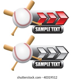 baseball and crossed bats on red and white arrow nameplate banners