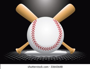 baseball and crossed bats under spotlight