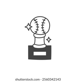 Baseball Cup Award with Sports Ball Icon. Hand drawn Softball first place competition winner symbol with sparkles. Team game victory achievement. Vector illustration in doodle style.