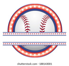 Baseball Design - Red White and Blue is an illustration of a baseball design done in red white and blue with a baseball and a blank banner for your text.