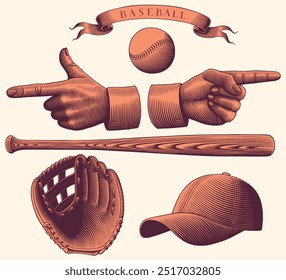 Baseball. Design set. Editable hand drawn illustration. Vector vintage engraving. Isolated on light background. 8 EPS