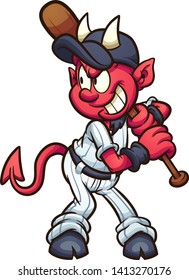 Baseball devil mascot with wooden bat clip art. Vector illustration. All in a single layer. 
