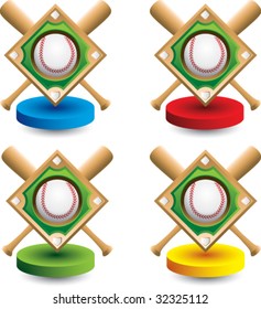 baseball diamond and crossed bats on colored discs