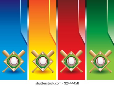 baseball diamond and crossed bats on colored banners