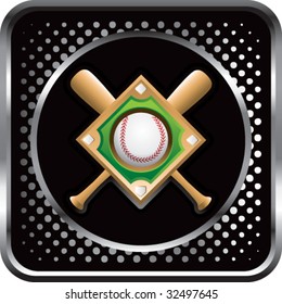 baseball diamond and crossed bats on black halftone web button