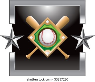 baseball diamond and crossed bats on silver star background