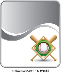 baseball diamond and crossed bats on silver wave background