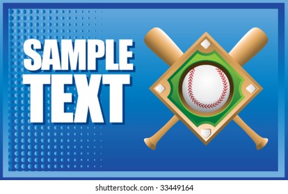 baseball diamond and crossed bats on blue halftone banner