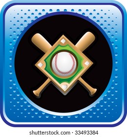 baseball diamond and crossed bats on blue halftone web button