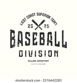 Baseball division typographic emblem. Graphic design with rough texture for t-shirt. Black print on white background