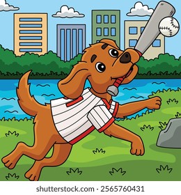 Baseball Dog Playing Colored Cartoon Illustration