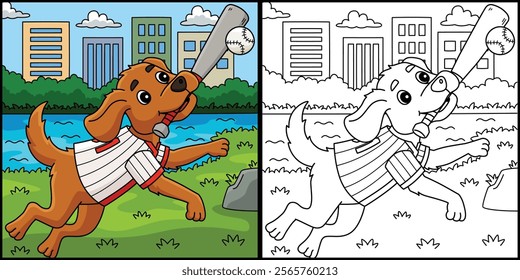 Baseball Dog Playing Coloring Page Illustration