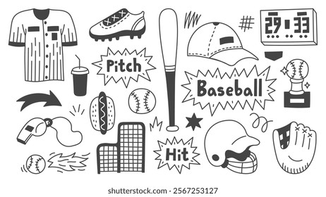 Baseball Doodle Design Elements Set. Hand drawn icons collection of outline softball sports game items equipment uniform bat ball symbols. Vector illustration