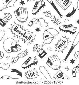 Baseball Doodle Seamless Pattern. Hand drawn Sports Game background with falling outline equipment tools and symbols in comic style. Repeat vector illustration