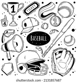 Baseball doodle set. Special equipment, player's clothing, field, ball, mitt. Hand drawn vector illustration isolated over white background. Coloring book