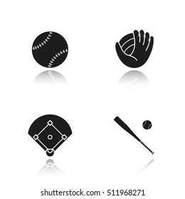 Baseball drop shadow black icons set. Bat and ball, mitt, field. Softball equipment. Isolated vector illustrations