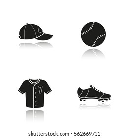 Baseball drop shadow black icons set. Softball equipment. Ball, cap, shoe and t-shirt. Isolated vector illustrations