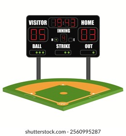 Baseball electronic scoreboard and field. Icon on grey background - vector illustration