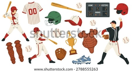 Baseball elements in cartoon doodle style. Collection of baseball equipment, characters, player, glove, ball, helmet, sport uniform. Baseball stickers