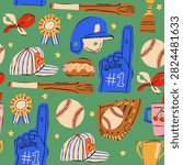 Baseball elements. Various items, equipment: glove, ball, helmet, uniform cap, bat, trophy, drink, hot dog. Hand drawn trendy Vector illustration. Square seamless Pattern, wallpaper