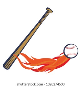 Baseball emblem with flaming baseball ball and baseball bat. Vector illustration