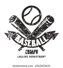 Baseball emblem for sticker and t-shirt. Graphic design with retro texture. Black print on white background