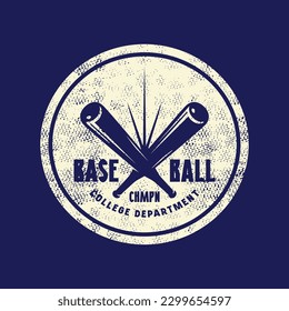 Baseball emblem for sticker and t-shirt. Graphic design with retro texture. White print on blue background