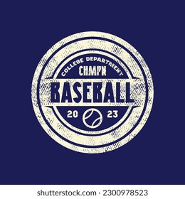 Baseball emblem for sticker and t-shirt. Graphic design with retro texture. White print on blue background