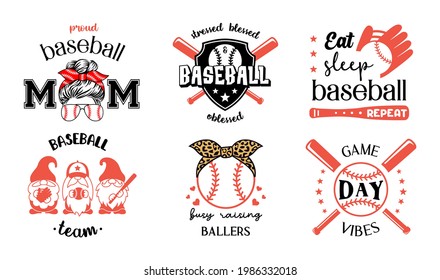 Baseball emblems, signs and labels. Set of softball vector designs with quote. Baseball symbols, badge. Sports ptint for shirt, postcards and posters