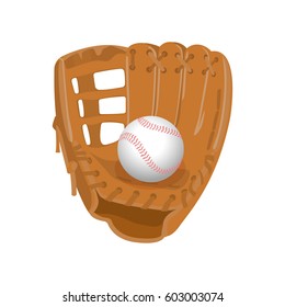 Baseball equipment colorful vector flat collection on white. Isolated light brown leather glove, white ball in realistic style. Sport template poster with accessories for paying team game