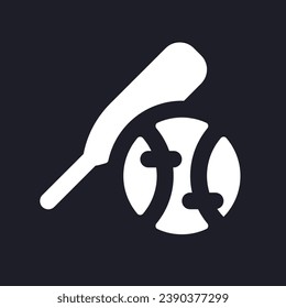 Baseball equipment dark mode glyph ui icon. Team ball game. Active hobby. User interface design. White silhouette symbol on black space. Solid pictogram for web, mobile. Vector isolated illustration