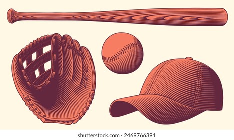 Equipo de béisbol. Conjunto de diseño. Ilustración dibujada a mano. Vector grabado vintage. Aislado sobre fondo claro. 8 EPS
