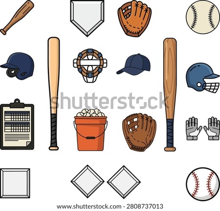 Baseball Equipment Flat Vector Illustration Set
