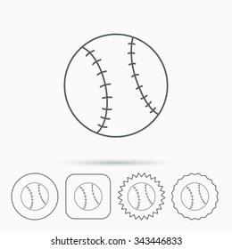 Baseball equipment icon. Sport ball sign. Team game symbol. Linear circle, square and star buttons with icons.