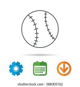 Baseball equipment icon. Sport ball sign. Team game symbol. Calendar, cogwheel and download arrow signs. Colored flat web icons. Vector