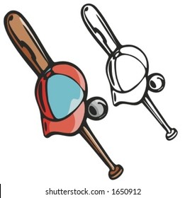 Baseball equipment including bat, hat and a ball. Vector illustration