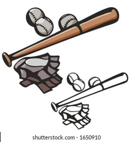 Baseball equipment including gloves, a bat and balls. Vector illustration