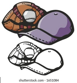 Baseball equipment including hat glove and a ball. Vector illustration