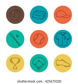 Baseball equipment linear icons set. Softball tickets, cap, trophy, bat, ball, shirt, shoe, field, mitt. Thin line on color circles. Vector illustrations