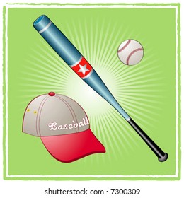 Baseball equipment on a green background