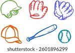 Baseball Equipment Related Icons Crayon Chalk Drawing Vector Set