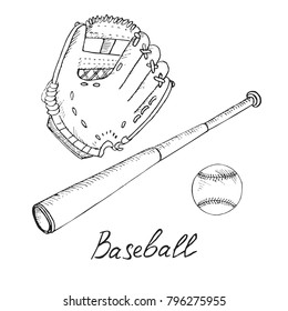 Baseball equipment set: ball, bat and glove, hand drawn doodle sketch with inscription, isolated vector outline illustration on blue background