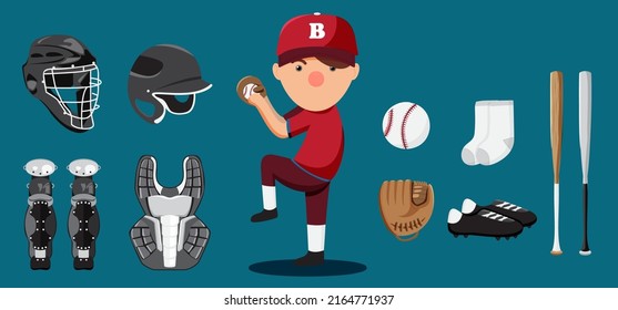 Baseball Equipment Set. Bat, Ball, Softball Gloves, Batting Helmets, Catcher Gear And Leg Guards. Flat Vector Cartoon Illustration. Objects Isolated On A Blue Background.