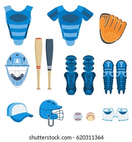 Baseball Equipment Set. Bat, Ball, Softball Gloves, Batting Helmets, Catcher Gear And Leg Guards. Flat Vector Cartoon Illustration. Objects Isolated On A White Background.