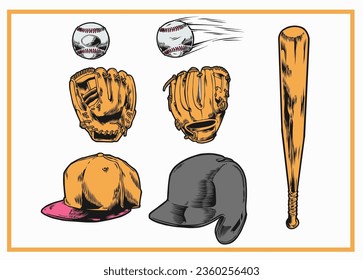 Baseball equipment set. Baseball cap, bat, ball, cap. Vector illustration.