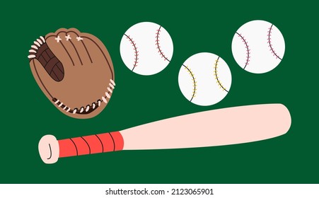 Baseball equipment set with cartoon brown mitt glove, balls and bat, illustration on green background.Ball with red, yellow, pink seams.Team sports concept. Hand drawn colored flat vector set.