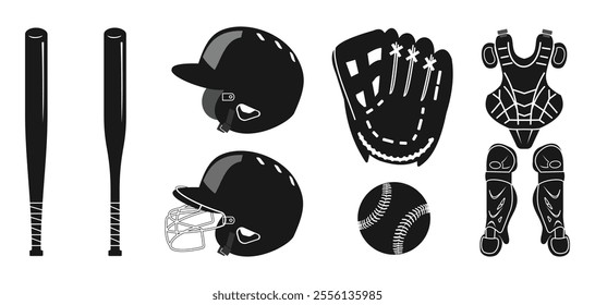 baseball equipment set design, black solid style, editable vector eps 10.