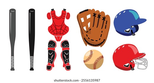 baseball equipment set design, color style, editable vector eps 10.