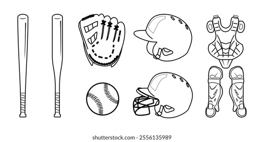 baseball equipment set design, outline style, editable vector eps 10.